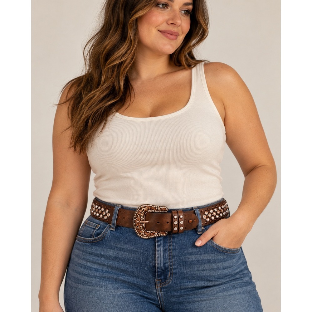 Unbranded Western Belt Women XL Cowgirl Boho Rhinestone Studded Leather Bronze